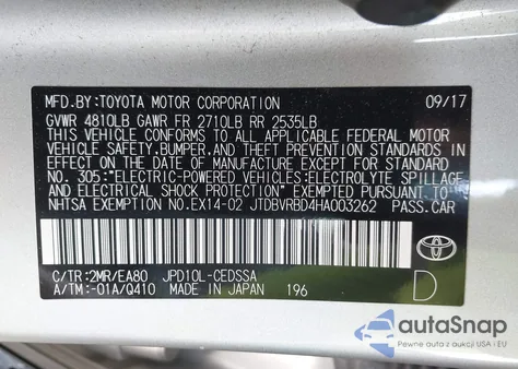 2017 Toyota Mirai from USA, damaged, VIN JTDBVRBD4HA003262